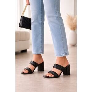 Bamboo Black Braided Block Heel Sandals Square Toe Slip-On Size 6.5